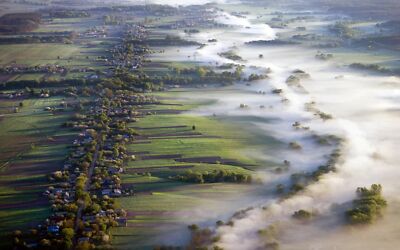 Landscape nature aerial view mist village field road Custom Gaming Mat Desk