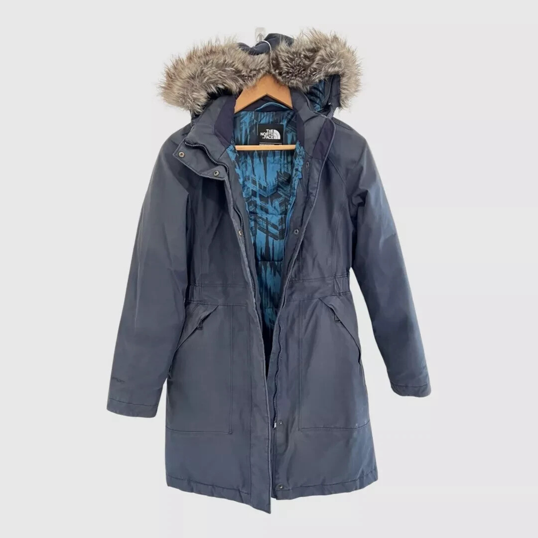 The North Face Womens Navy Blue Heavy Goose Down Faux Fur Hooded Winter Parka