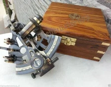  Brass Collectible Antique Finish German Astrolabe Marine Sextant W/Wooden Box 
