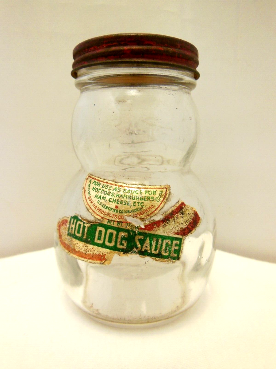 VTG SUN-RA HOT DOG SAUCE TILT GLASS JAR FIGURAL MAN PAPER LABEL ST