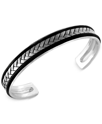 Trimmed With Jet-Hued Lines In 925 Silver Men's Woven Fashion Cuff Fine Bracelet