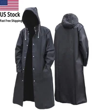 Men Black Waterproof Long Raincoat Rain Coat Hooded Trench Jacket Outdoor Hiking