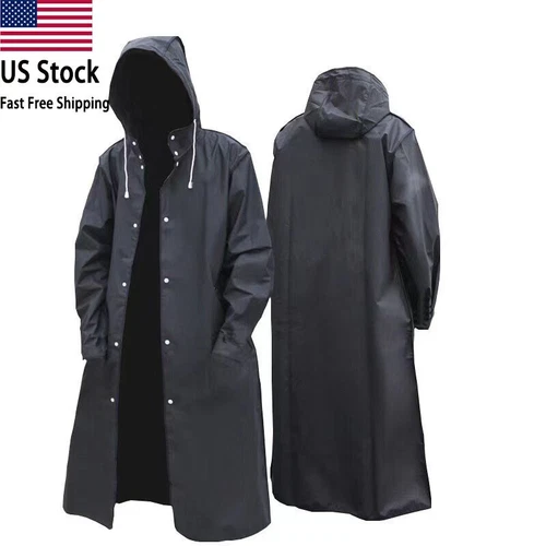 Men Black Waterproof Long Raincoat Rain Coat Hooded Trench Jacket Outdoor Hiking