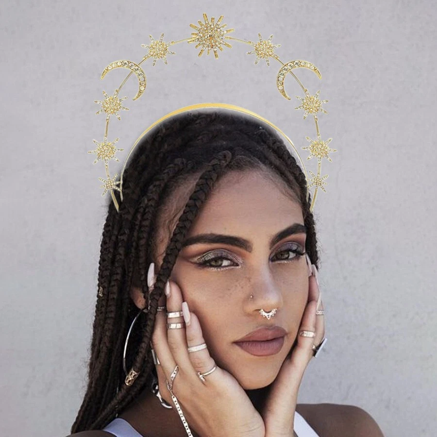 Stars Goddess Crown Halo Headband Cown Tiara, Boho Gold Headpiece, Party Crown - Image 4 of 4