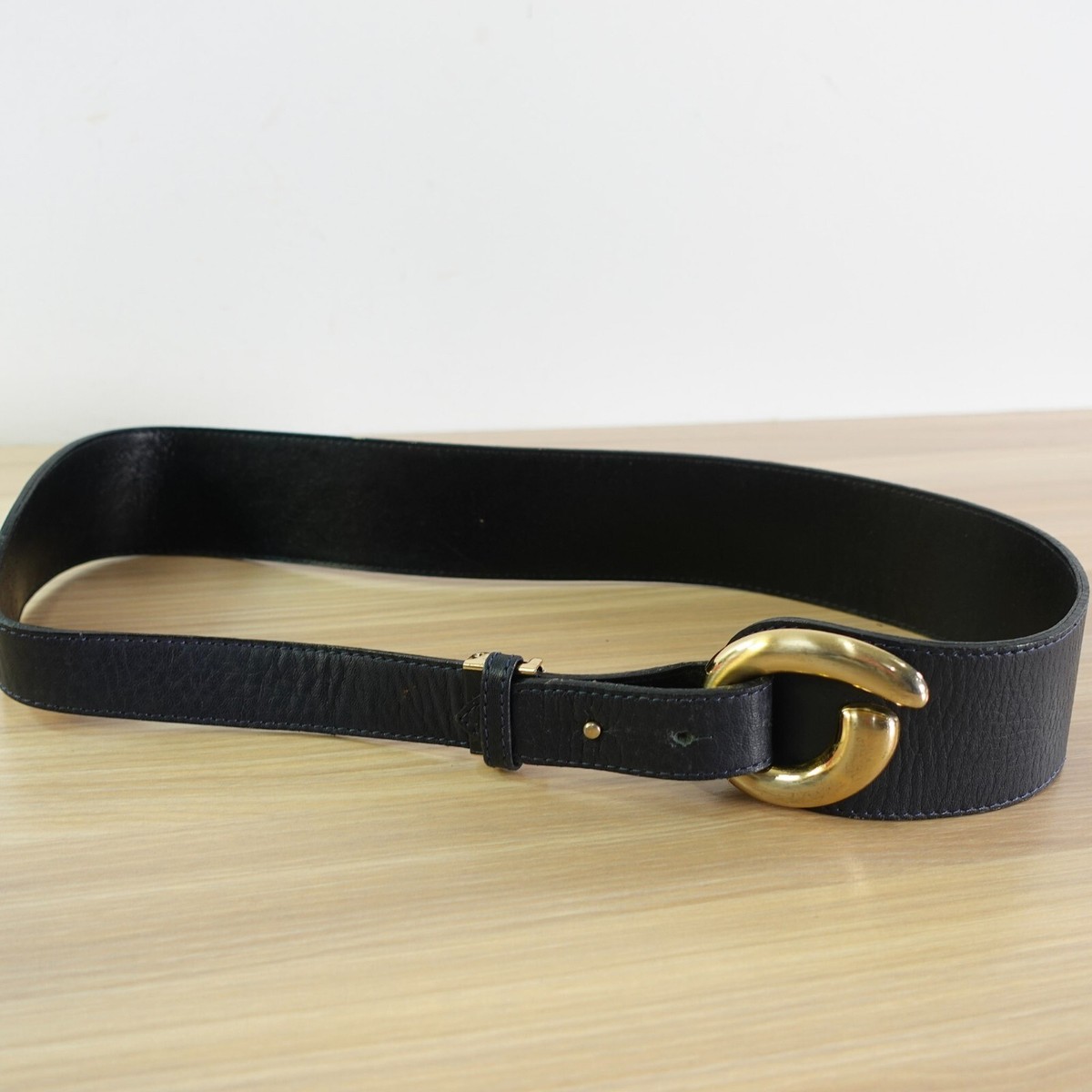 Gold Buckle Waist Belt Women MEDIUM 32 Preppy Navy Dress Solid