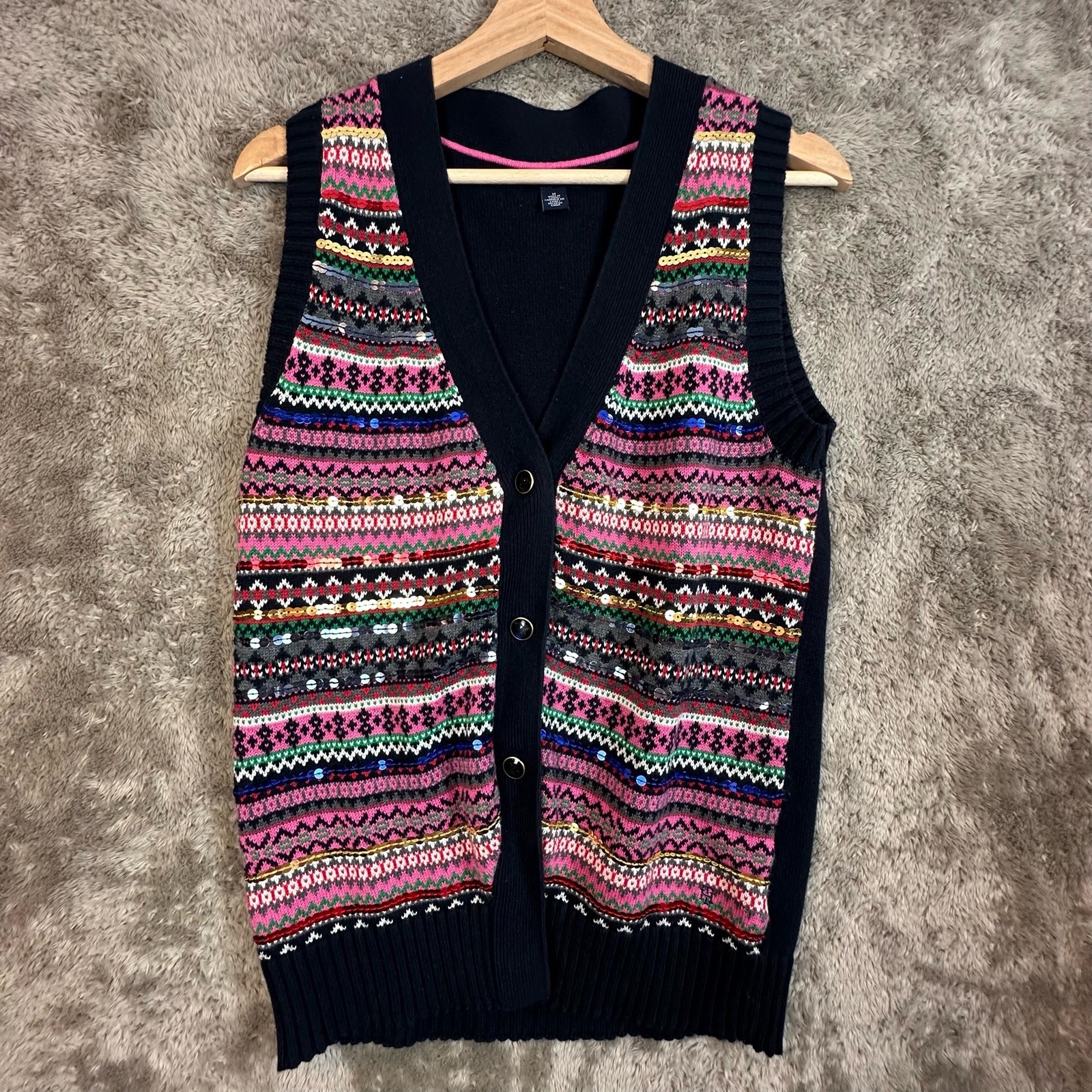 Tommy Hilfiger Women's Fair Isle Knit Vest Cardigan with Sequins in Pink and Blue for Holiday Season  
