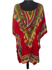 Vibrant Red Beaded Dashiki Global Ethnic Kaftan Tunic W/ Drawstring Waist 1 Size