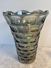 Vintage Federal Glass Smoke Gray Carnival Glass Vase 8" Thumbprint Iridescent