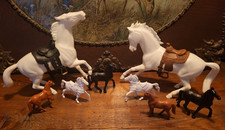 Lot 8 Vintage Horses with saddles Plastic Toys 8" W Horse Toy Collector Decor