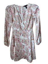 FOREVER 21 WOMEN TEEN SMALL SHORT DRESS FAUX WRAP LONG SLEEVE PEACH PAISLEY ZIP