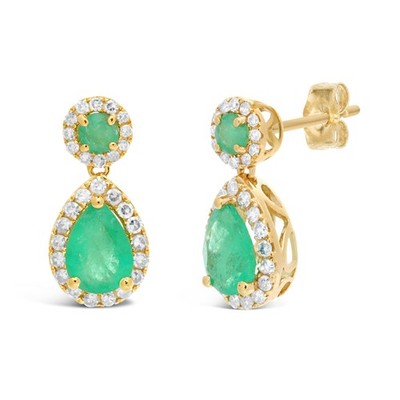 Smaragd Birne & runde Ohrringe mit Diamant Akzent in Gelbgold