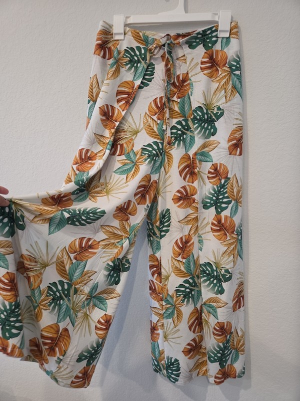 Womens Small Wrap Palazzo Pants Wide Leg Elastic Waist Tropical Leaf Print Slits