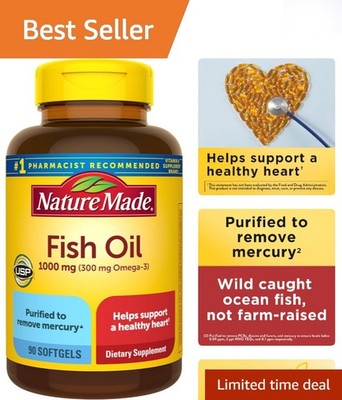 Heart-Supporting Omega 3 Fish Oil - 90 Softgels, 1000 mg, Purified for Safety