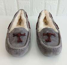UGG Women's size 6 5 Gray Red Brett Slippers Moccasins Fur Shearling 1005531