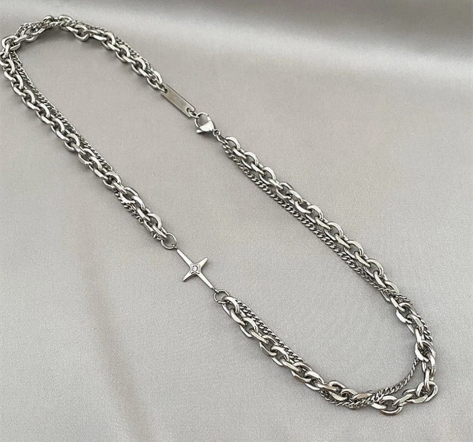 Collana Uomo Donna A Doppia Catena e Maglia Differente In Acciaio Inossidabile. - Immagine 2 di 4