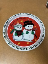 Christmas Holiday Vintage Mr. & Mrs. Snowman 13" Round Metal Tin Serving Tray