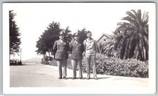 Vtg B W Snapshot Three Men In WW2 Military Uniforms Coastal Palm Trees 1940s