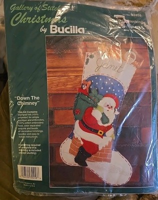 Vintage Bucilla Gallery of Stitches Christmas Stocking Down The Chimney 32458-G5