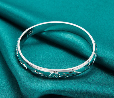 925 Sterling Silver 3D Charm Flower Bangle Women Bracelet Fashion Jewelry
