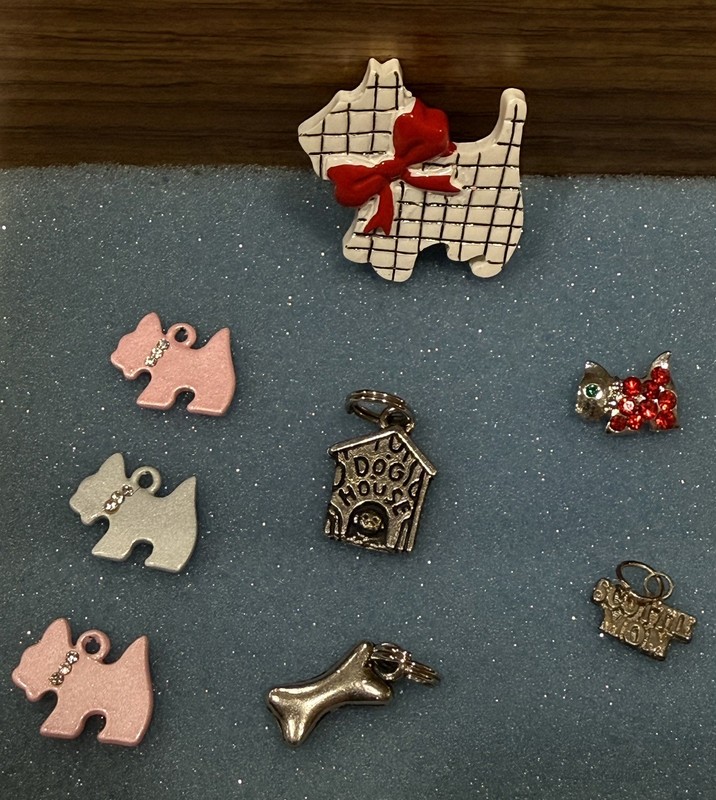 Lot of 8 Dog Charms-Mostly Scottie Dogs--Pink, Blue, SS, Silvertone, Rhinestones
