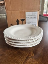 Pottery Barn Emma Set 4 Salad Plates Beaded Scalloped Rim Stoneware 9" White