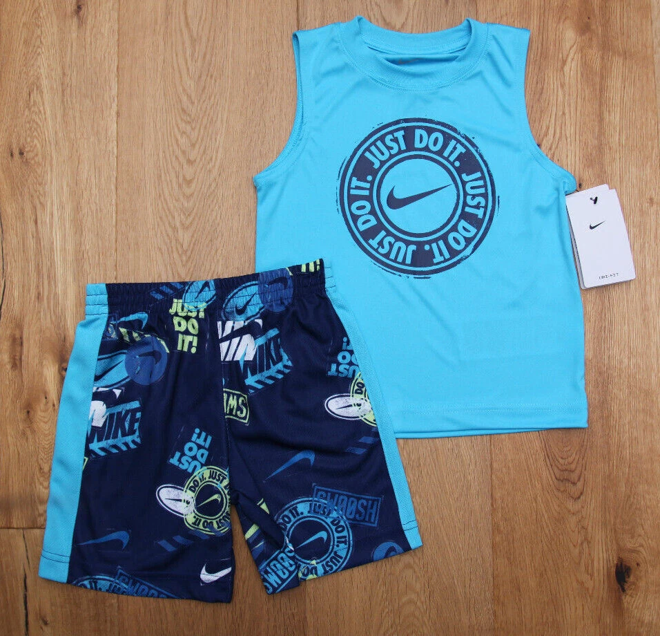 Nike Boy 2 Piece Tank & Shorts Set ~ Aqua, Blue, Volt & White ~ DRI-FIT ~
