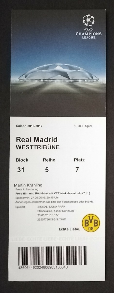 TICKET UEFA CL 2016/17 Borussia Dortmund - Real Madrid 