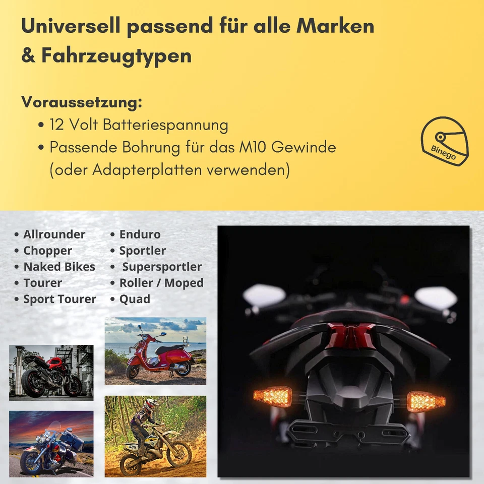 Binego® 4x LED Blinker Motorrad E Geprüft Rauchglas Universelle Blinkleuchten - Bild 4 von 4