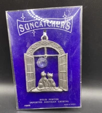 VTG Pewter GANZ w/Austrian Crystal SunCatcher Suction Cup Hanger & Kittens 2.75"
