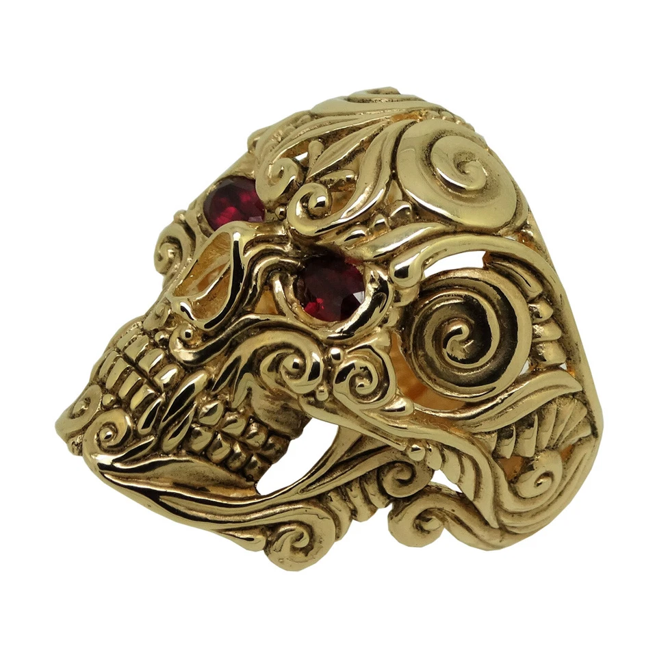 Anel mexicano Sugar Skull 925 prata esterlina folheado a ouro motociclista Memento Mori rubi - Imagem 4 de 4