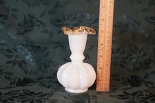 Vintage Fenton Milk Glass Ruffled Edge Beaded Melon Vase 5.25"