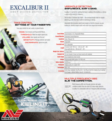 MINELAB EXCALIBUR ll 2 UNDERWATER WATERPROOF METAL DETECTOR New in