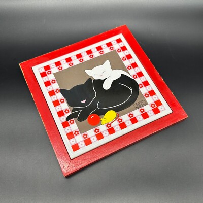 Vintage Kitty Cat Tile Trivet Wall Hanging Linda Morgan Wooden 1980s Red Kitchen