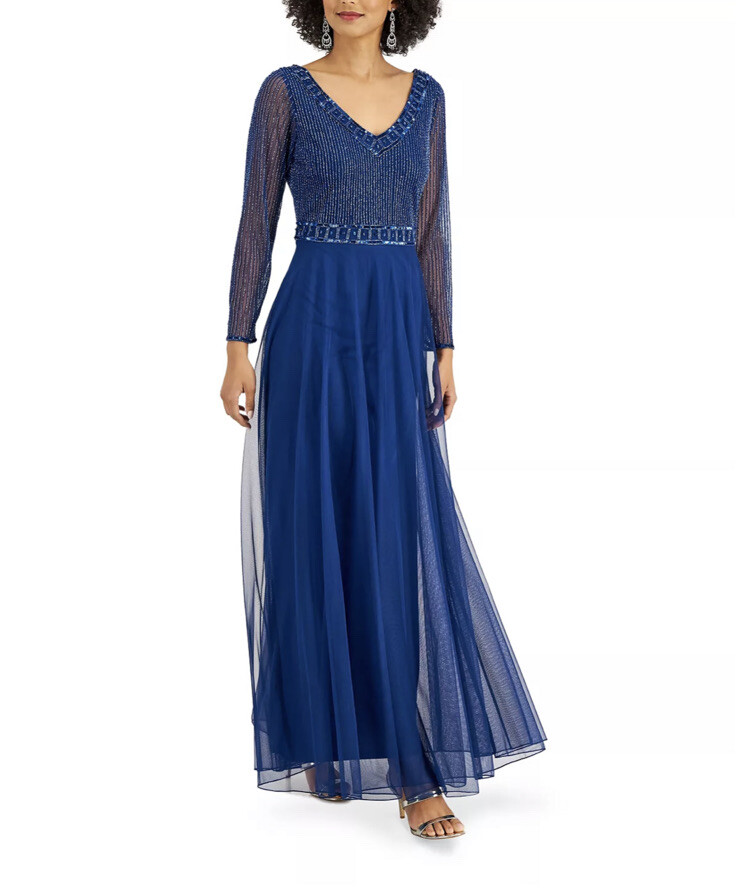 J Kara Womens Long Sleeve Embellished V Neck Gown Dress Blue Size 12  Defected