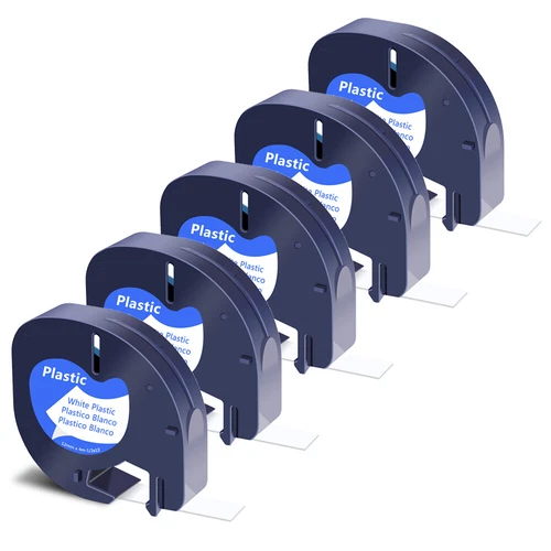 5x Étiquettes plastique LT pour Dymo LetraTag 12mm x 4m Ruban Noir sur blanc 