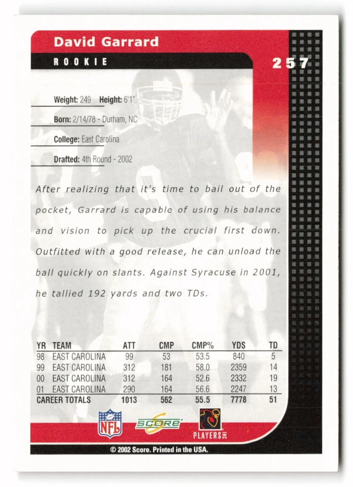 2002 Score #257 David Garrard Rookie Jacksonville Jaguars RC - Image 2 of 2