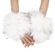 Women's Faux Fur Wrist Cuffs Winter Fluffy Furry Arm Warmers Plush White