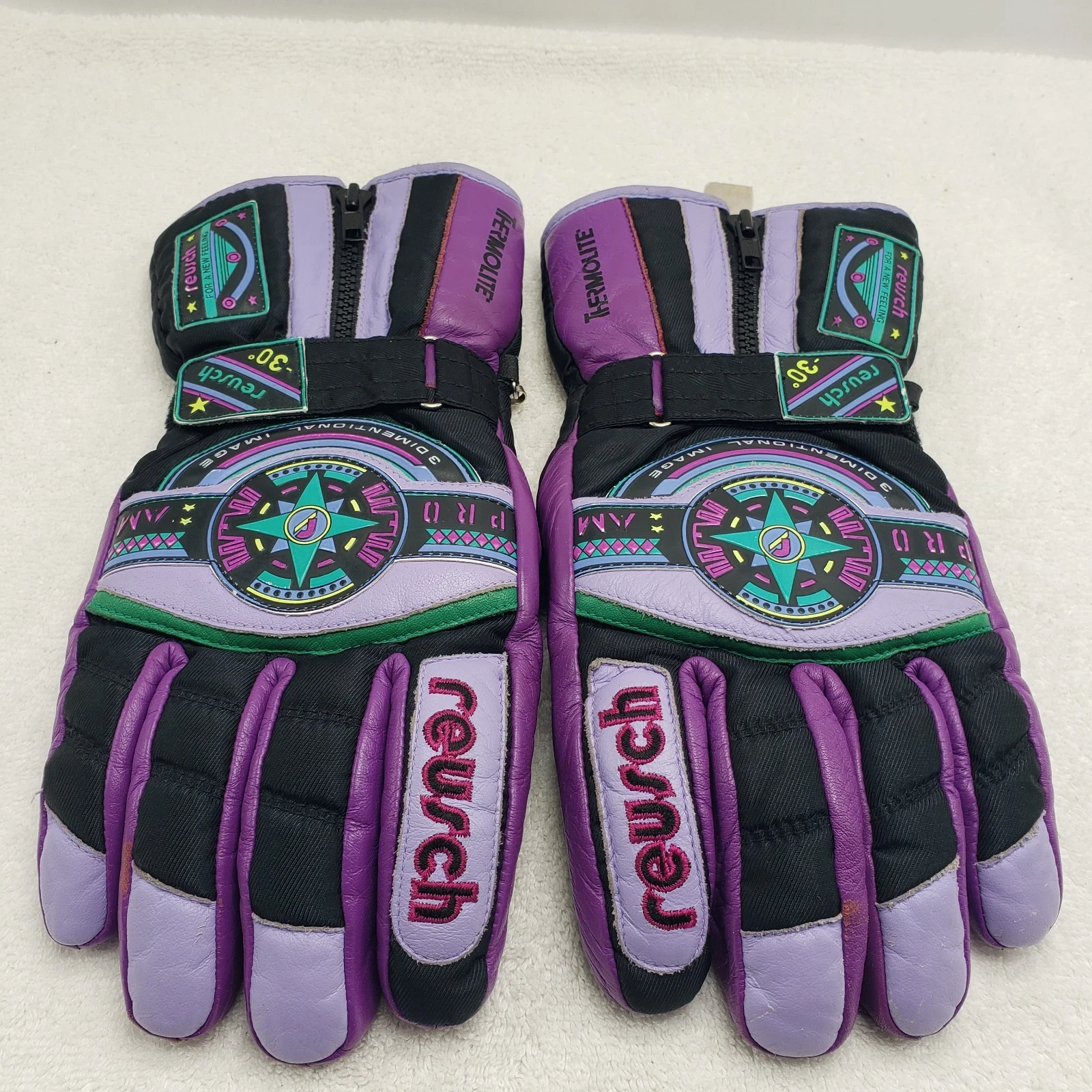 Reusch Snowboard Ski Vintage Gloves Neon 90s US Freestyle Ski Team Size 9.5