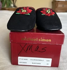 Michael Simon Black Suede Mules Clogs  With Christmas Flower Embellishment