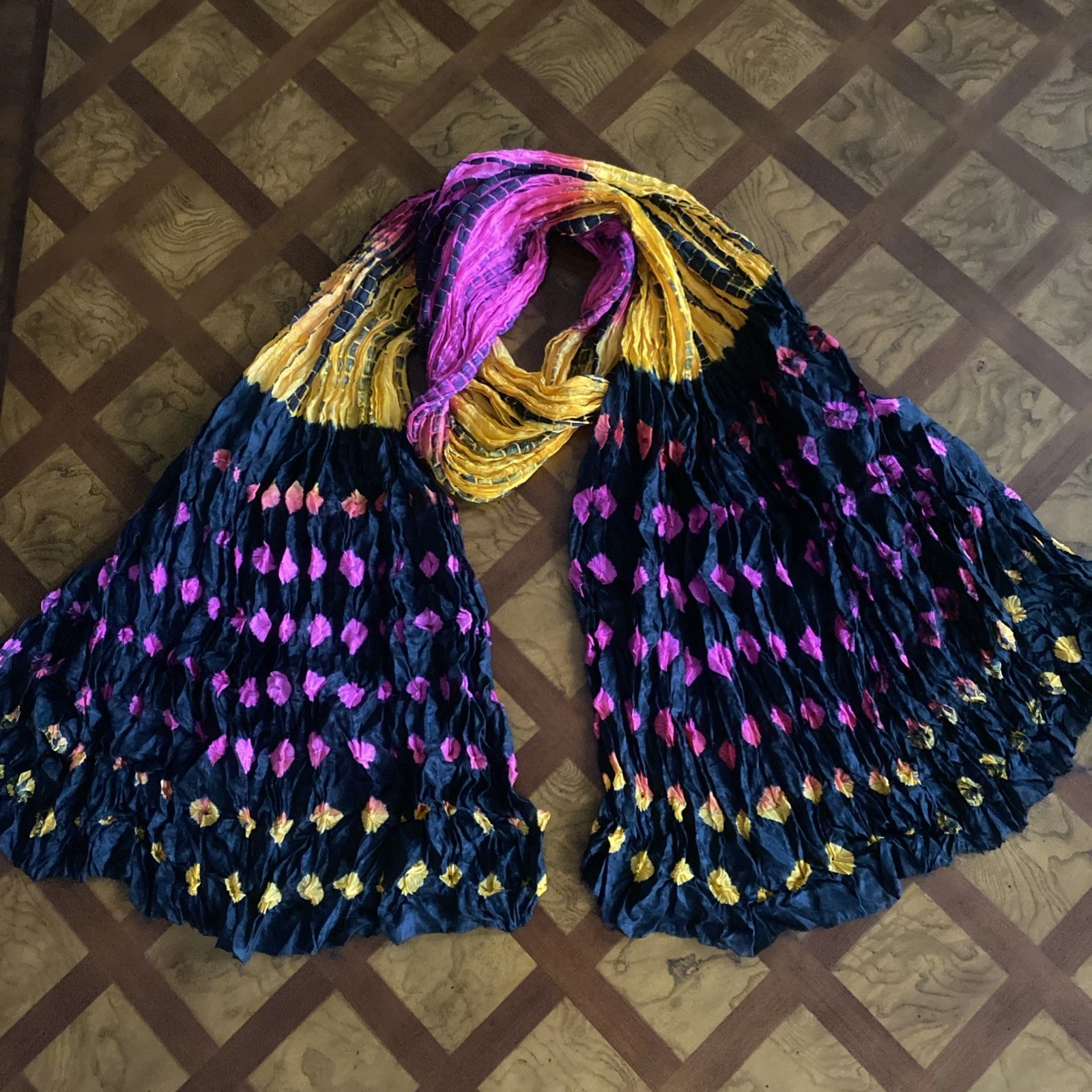 Vintage Sheer Silk Scarf Stole Boho Hand Dye Artsy Maximalist Black Pink Yellow