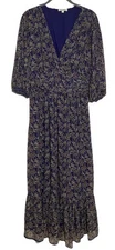 Max Studio Women’s Sz M Midi Dress Dark Royal Blue W/Floral Print V Neck Lined