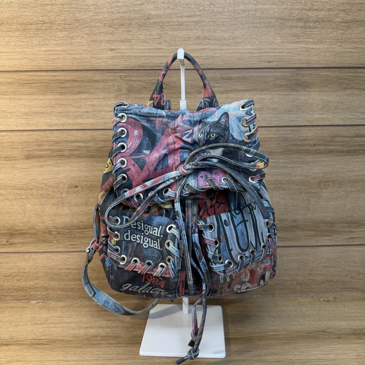 Desigual Small Graffiti Cat Backpack Denim Y2K Grunge Boho Lace-Up Drawstring desigual-Blue-Multis-Mini-  main image 3