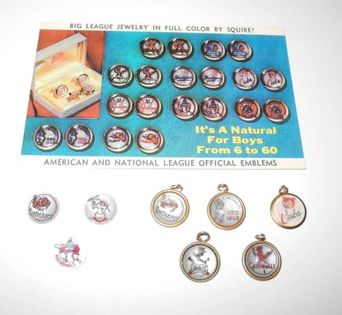 RARE 1950s Baseball (8) SQUIRE EMBLEMS Pin Charms Pendants Advertising Postcard