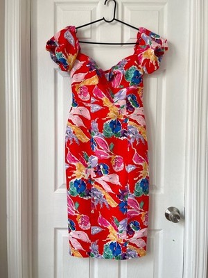 Milly Red Floral Off Shoulder Puff-Sleeve Midi Dress size 4