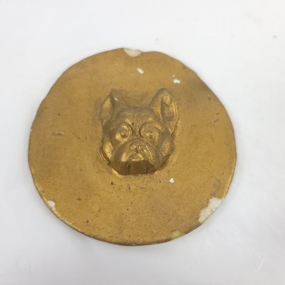 Vintage French Bulldog Gold Relief Plaque Wall Art Round Medallion READ
