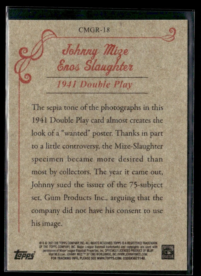 2011 Topps CMG Reprints Johnny Mize/Enos Slaughter St. Louis Cardinals #CMGR-18 - Image 2 of 2