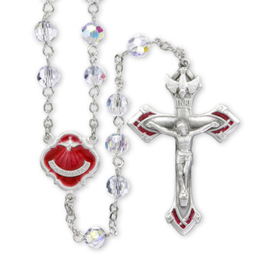 Holy Spirit - Pewter red enamel Center + Crucifix + 6 mm Crystal Rosary