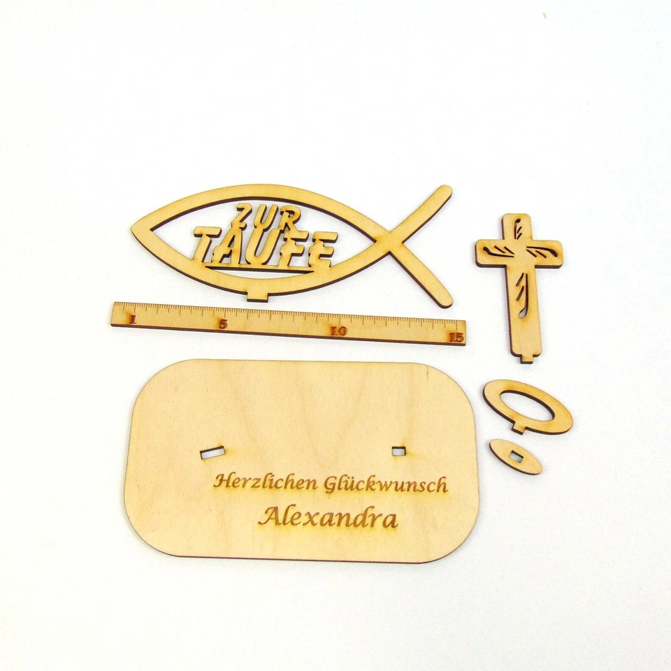 Geldgeschenk zur Taufe Personalisiert mit Namensgravur Christlich mit Fisch Holz - Bild 2 von 3