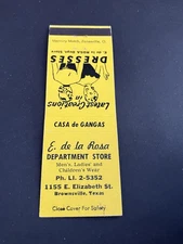 Vintage Texas Matchbook “E. De La Rosa Department Store” Brownsville