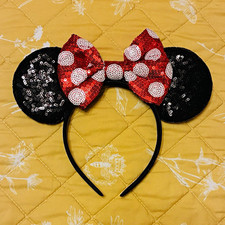 Minnie Mouse Black Sequin Mouse Ears Headband w/ Red Bow White Polka Dots